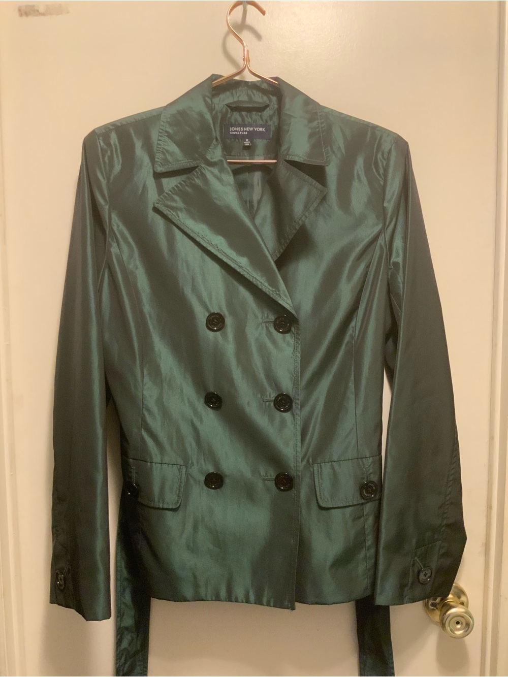 Jones New York Emerald Green Iridescent Double-Breasted Trench Jacket